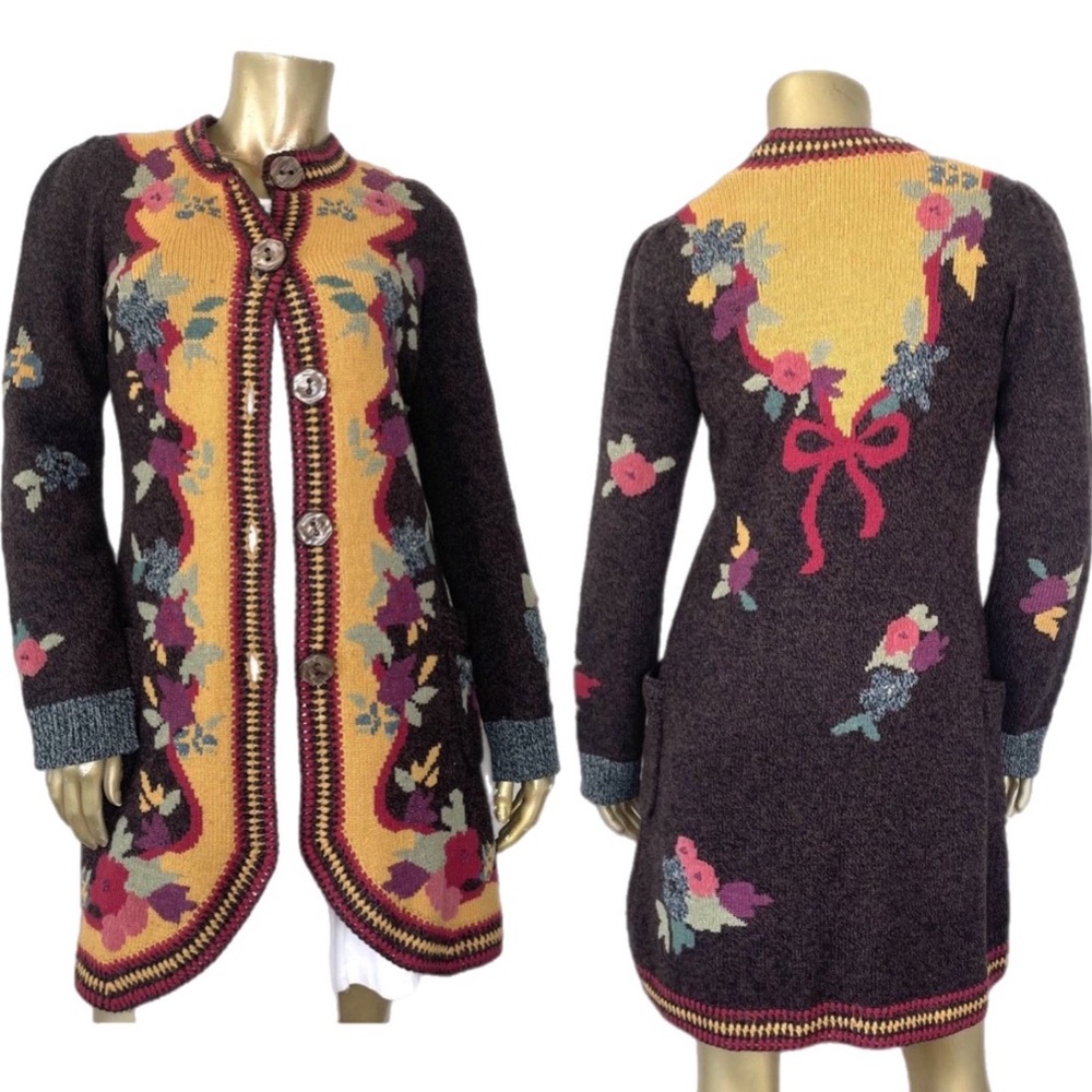 ANTHROPOLOGIE SPARROW YELLOW BRICK ROAD FLOAL SWEATER LONG CARDIGAN, WOOL SIZE S